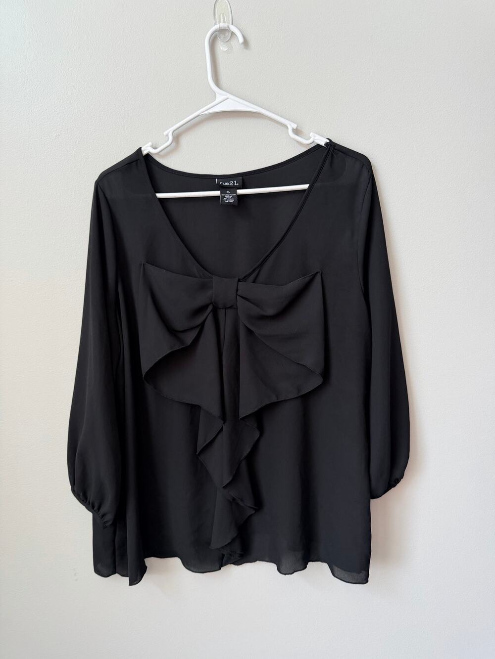 rue21 Black Semi Sheer Blouse XL Large Front Bow Ruffle Long Sleeve V-Neck